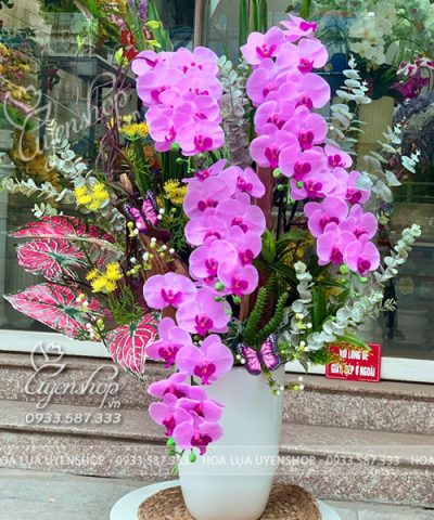 BÌNH LAN HỒ ĐIỆP PHỐI LŨA NGHỆ THUẬT, SANG TRỌNG Hoa giả, Hoa lụa đẹp, BÌNH LAN HỒ ĐIỆP PHỐI LŨA NGHỆ THUẬT, SANG TRỌNG