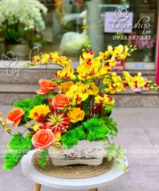 Hoa giả, Hoa lụa đẹp, CHẬU LAN TIỂU HỒ ĐIỆP VÀNG PHỐI TIỂU CẢNH