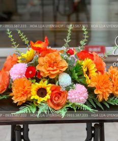 Hoa giả, Hoa lụa đẹp, LÃNG HOA BÀN HỌP NHỎ TONE CAM