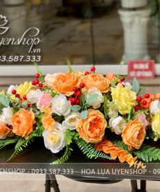 Hoa giả, Hoa lụa đẹp, LÃNG HOA BÀN HỌP NHỎ TONE CAM PASTEL