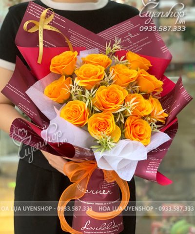 BÓ HOA HỒNG VÀNG Hoa giả, Hoa lụa đẹp, BÓ HOA HỒNG VÀNG