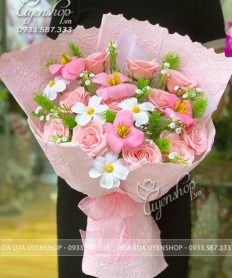 Hoa giả, Hoa lụa đẹp, BÓ HOA SÁP TONE HỒNG