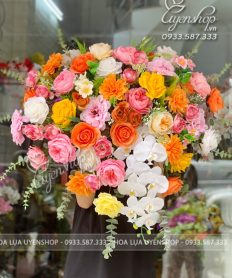 Hoa giả, Hoa lụa đẹp, LÃNG HOA BỤC PHÁT BIỂU TONE CAM