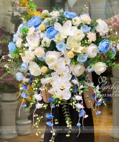 Hoa giả, Hoa lụa đẹp, LÃNG HOA BỤC PHÁT BIỂU TONE XANH