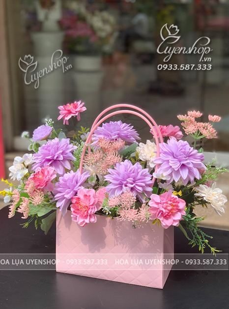 Zoom với GIỎ HOA LỤA NHỎ TONE TÍM