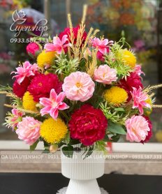 Hoa giả, Hoa lụa đẹp, BÌNH HOA MẪU ĐƠN ĐỂ BÀN