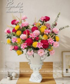 Hoa giả, Hoa lụa đẹp, BÌNH HOA MẪU ĐƠN MIX MÀU TRANG TRÍ PHÒNG KHÁCH
