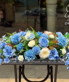 Hoa giả, Hoa lụa đẹp, LÃNG HOA BÀN HỌP TONE XANH DƯƠNG