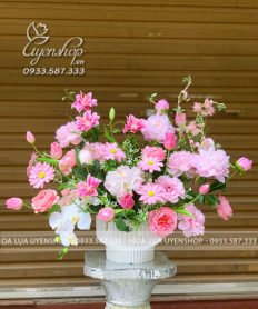 Hoa giả, Hoa lụa đẹp, BÌNH HOA MẪU ĐƠN MIX TULIP TONE HỒNG