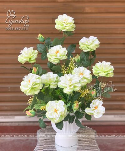 BÌNH HOA HỒNG PHÁP XANH CỐM Hoa giả, Hoa lụa đẹp, BÌNH HOA HỒNG PHÁP XANH CỐM