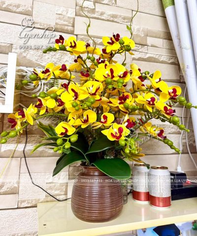 BÌNH HOA LAN TIỂU HỒ ĐIỆP VÀNG Hoa giả, Hoa lụa đẹp, BÌNH HOA LAN TIỂU HỒ ĐIỆP VÀNG
