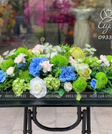 Hoa giả, Hoa lụa đẹp, LÃNG HOA BÀN HỌP TONE XANH