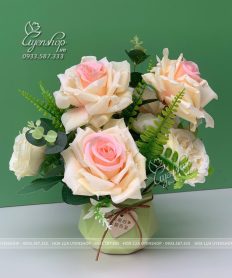 Hoa giả, Hoa lụa đẹp, LỌ HOA HỒNG NHỎ ĐỂ BÀN