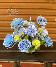 Hoa giả, Hoa lụa đẹp, LỌ HOA LỤA TONE XANH