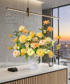 Hoa giả, Hoa lụa đẹp, BÌNH HOA PHÒNG KHÁCH TONE VÀNG