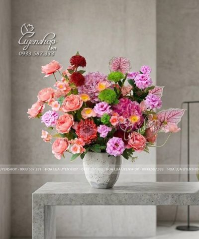 BÌNH HOA TONE HỒNG PHÒNG KHÁCH Hoa giả, Hoa lụa đẹp, BÌNH HOA TONE HỒNG PHÒNG KHÁCH