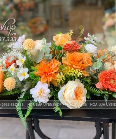 Hoa giả, Hoa lụa đẹp, LÃNG HOA ĐỂ BÀN TONE CAM
