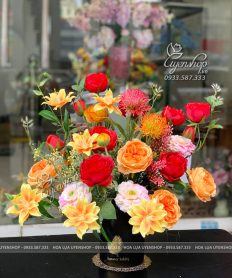 Hoa giả, Hoa lụa đẹp, BÌNH HOA LỤA TONE CAM