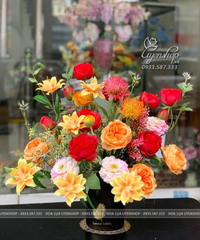 BÌNH HOA LỤA TONE CAM Hoa giả, Hoa lụa đẹp, BÌNH HOA LỤA TONE CAM