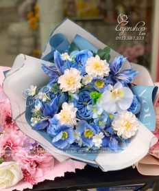 Hoa giả, Hoa lụa đẹp, BÓ HOA LỤA TONE XANH