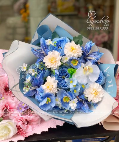 BÓ HOA LỤA TONE XANH Hoa giả, Hoa lụa đẹp, BÓ HOA LỤA TONE XANH