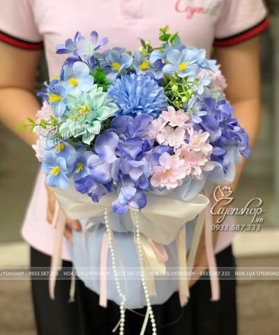 BÓ HOA LỤA NHỎ TONE XANH Hoa giả, Hoa lụa đẹp, BÓ HOA LỤA NHỎ TONE XANH