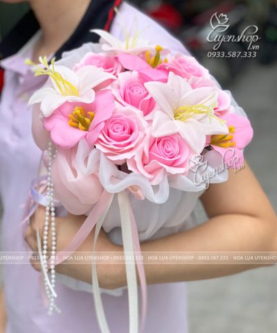BÓ HOA SÁP NHỎ TONE HỒNG Hoa giả, Hoa lụa đẹp, BÓ HOA SÁP NHỎ TONE HỒNG