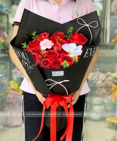 Hoa giả, Hoa lụa đẹp, BÓ HOA SÁP HỒNG ĐỎ RỰC RỠ