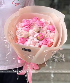 Hoa giả, Hoa lụa đẹp, BÓ HOA SÁP HỒNG TỈ MUỘI TONE XANH