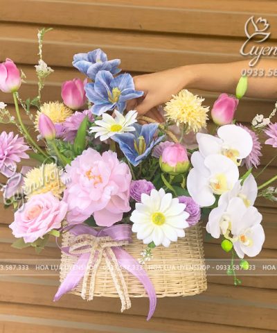 GIỎ HOA LỤA NHỎ Hoa giả, Hoa lụa đẹp, GIỎ HOA LỤA NHỎ