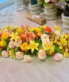 Hoa giả, Hoa lụa đẹp, LÃNG HOA BÀN HỌP TONE VÀNG