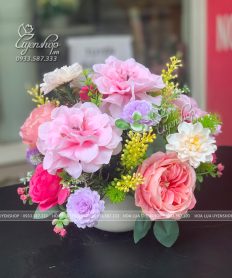 Hoa giả, Hoa lụa đẹp, BÌNH HOA LỤA TONE HỒNG DECOR LỚP HỌC