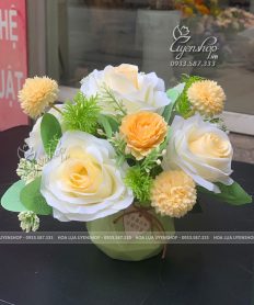 Hoa giả, Hoa lụa đẹp, LỌ HOA LỤA NHỎ TONE VÀNG