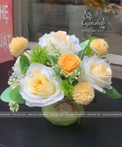 LỌ HOA LỤA NHỎ TONE VÀNG Hoa giả, Hoa lụa đẹp, LỌ HOA LỤA NHỎ TONE VÀNG