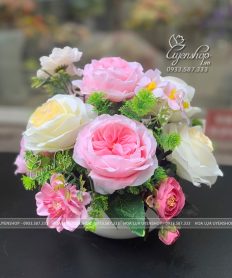 Hoa giả, Hoa lụa đẹp, LỌ HOA NHỎ ĐỂ BÀN TONE HỒNG