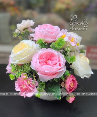 LỌ HOA NHỎ ĐỂ BÀN TONE HỒNG Hoa giả, Hoa lụa đẹp, LỌ HOA NHỎ ĐỂ BÀN TONE HỒNG