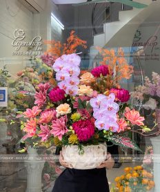 Hoa giả, Hoa lụa đẹp, CHẬU HOA LAN HỒ ĐIỆP MIX TIỂU CẢNH
