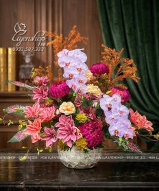 Hoa giả, Hoa lụa đẹp, CHẬU HOA LAN HỒ ĐIỆP MIX TIỂU CẢNH