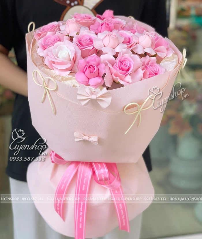 Zoom với BÓ HOA SÁP TRÒN TONE HỒNG