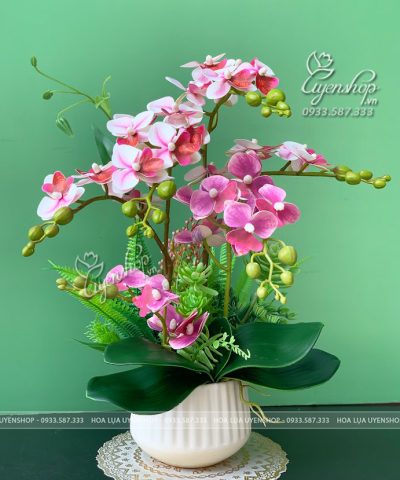 CHẬU LAN TIỂU HỒ ĐIỆP ĐỂ BÀN Hoa giả, Hoa lụa đẹp, CHẬU LAN TIỂU HỒ ĐIỆP ĐỂ BÀN
